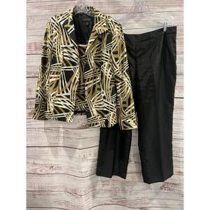 Kasper 3 Piece Pant Suit Set Size 14 Blazer Shell Trousers Gold Black Geometric